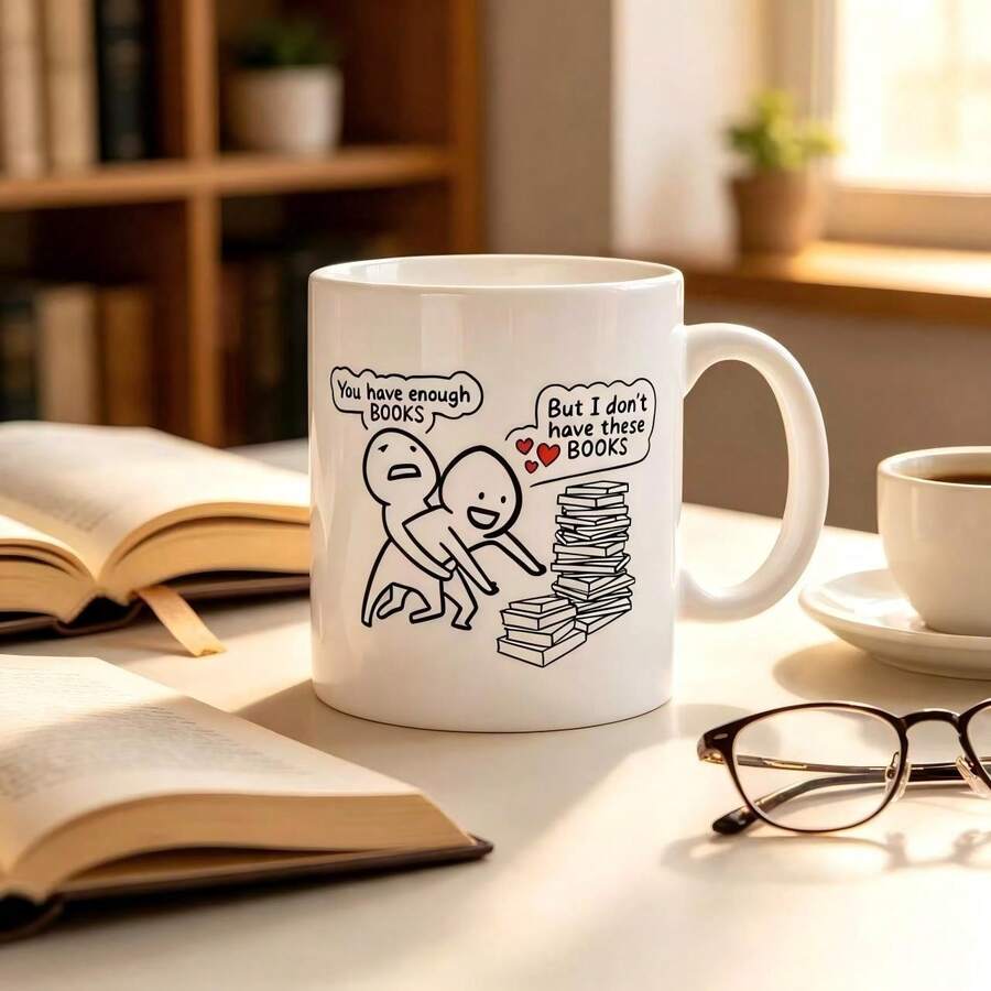 11oz Two‑Tone Ceramic Coffee Mug, Funny Book Lover Cartoon Graphic Cup, Microwave Dishwasher , Humorous Reading Themed Birthday Holiday Gift For Bookworms Readers Bibliophiles - Multicolor - View 1