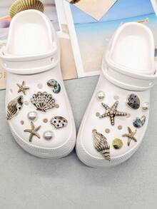 16pcs Gold Ocean Starfish Shell Resin Shoe Charms Shiny Rhinestone Scallop Shell Clogs Buckle DIY Decoration Faux Pearl Shoe Clips Accessories - Multicolor 16PCS Style No.267 - View 4
