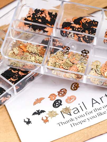 6-Grid Halloween Metal Nail Stickers, Pumpkin Bat Spider Web Ghost Mixed Nail Art Decor, Holiday DIY Nail Decoration Accessories