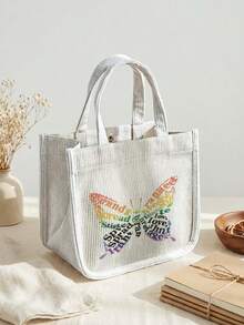 1pc Butterfly Print Corduroy Tote Bag, Snap Closure Cute Handbag, Reusable Student School Daily Outdoor Shopping Lunch Bag - Multicolor - View 8