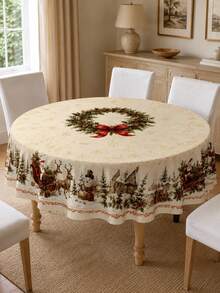 1件裝聖誕小鎮桌布，優雅聚酯纖維長方形餐桌布，印有聖誕老人、馴鹿、雪鎮與聖誕花環圖案，適用於廚房裝飾、婚禮、居家裝飾、房間裝飾、聖誕居家裝飾與教室裝飾 - 彩色 - 查看 11