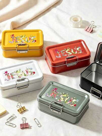"JESUS" Flower Letter Pattern Flip Mini Buckle Small Iron Box, Jewelry Card Storage Box, Flip Lid Lock Small Item Storage Box, Metal Storage Container For Jewelry And Desktop Small Items, Suitable For Jewelry, Cards, Small Sundries Storage, Fits Commuting, Short Trips, Dorm Desk, Vanity Organization Scenarios, Ideal Gift For Women, Students, Jewelry Lovers, Friends, Christians, Perfect For Back To School, Teacher's Day, Religious Events
