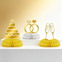 3 Pieces Of Wedding And Engagement Honeycomb Ornaments, Golden Ring Cake Champagne Design Table Decoration, Center Table Decoration Items For The Bride's Party - View 1