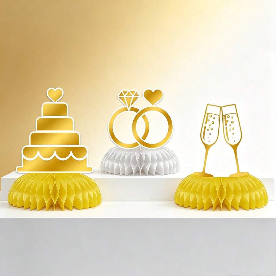3 Pieces Of Wedding And Engagement Honeycomb Ornaments, Golden Ring Cake Champagne Design Table Decoration, Center Table Decoration Items For The Bride's Party - View 1
