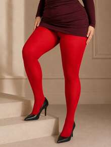 Women's Plus Size Red Semi-Opaque High Waist Pantyhose, Smooth Stretch Footed Tights For Holiday Party, Office, Date Night And Elegant Fashion Outfits - Red - View 8