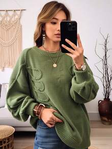 European And American Style Elegant Casual College Women's Plus Size Solid Color Knit Sweater With Geometric Pattern, Autumn/Winter Pullover Fall - Green - View 5