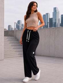 Women Black Ribbed Wide Leg Pants Elastic Drawstring Waist Relaxed Fit Casual Lounge Trousers For Everyday Wear. - Black - View 4
