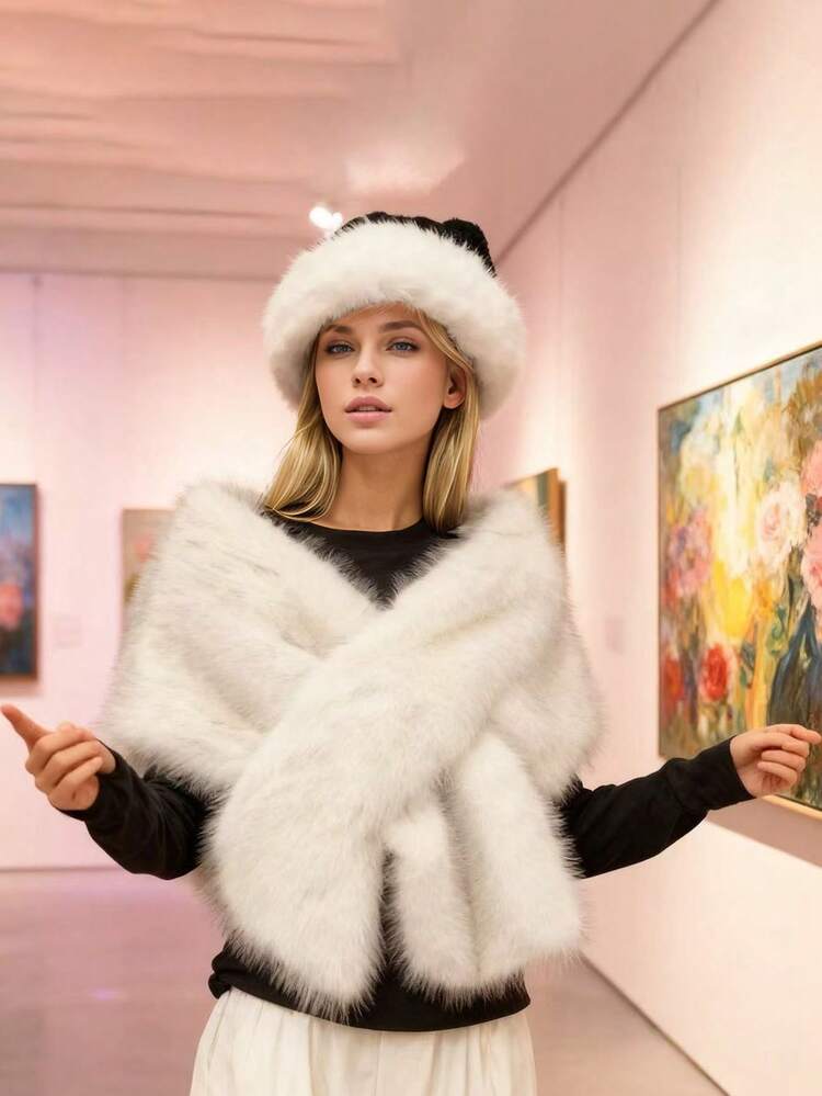 1pc Plush Gradient Shawl Scarf With Faux Fur Collar, Autumn/Winter Evening Party Wrap For Women - Multicolor - View 2