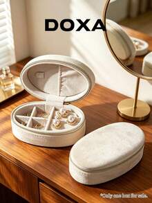 DOXA Beige Oval Velvet Zipper Jewelry Organizer Box With Compartments Anti-Tangle Earring Ring Necklace Travel Portable Storage Box - Off-white - View 1