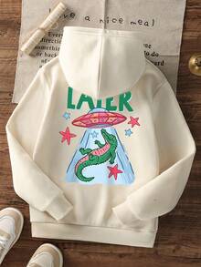 Áo hoodie chui đầu casual cho bé gái, in lưng hoạt hình cá sấu UFO - Màu be - Xem 3