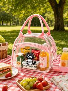 Insulated Lunch Bag With "Everything Is Fine" Print, Coffee Cup Design Portable Transparent Lunch Bag, PVC Material, Fashionable Portable Lunch Box Bag, Large Capacity Lunch Bag, Lunch Bag For Office Workers And Students, Multi-Functional Travel Storage Bag, Suitable For All Seasons, Reusable Transparent Snack Storage Tote Bag, Suitable For Outdoor Picnic Camping Travel, Includes Matching Utensil Storage Bag - Multicolor - View 6