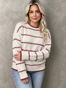 Chic Plus Size Women's Cream & Red Striped Knitted Sweater, Comfortable Round Neck Long Sleeve Loose Fit Drop Shoulder Top For Everyday Wear - White - View 6