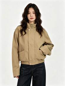 American Vintage Casual Stand Collar Flight Jacket, Street Style Loose Fit Solid Color Outerwear For Women Autumn/Winter - Khaki - View 9