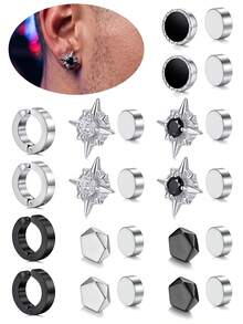 Clip On Stud Earrings For Men Polaris Geometry Circle Punk Fake Earrings Stainless Steel Non Piercing Silver Black Not Easy To Fall Halloween Jewel - Multicolor - View 1
