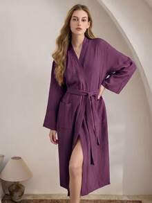 1pc Women's Casual Bathrobe, Soft Comfortable Cotton Mesh Double Layer Bathrobe, Home Bathrobe, Sleepwear, Comfortable Set, Suitable For Spring, Summer, Autumn, Winter - Purple - View 2