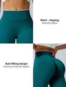 Women's Colorblock Seamless Ribbed Waist Leggings, Butt-Lifting Shaping Pants, Suitable For Fitness, Running, Yoga, Autumn/Winter Sportswear - Dark Green - View 4
