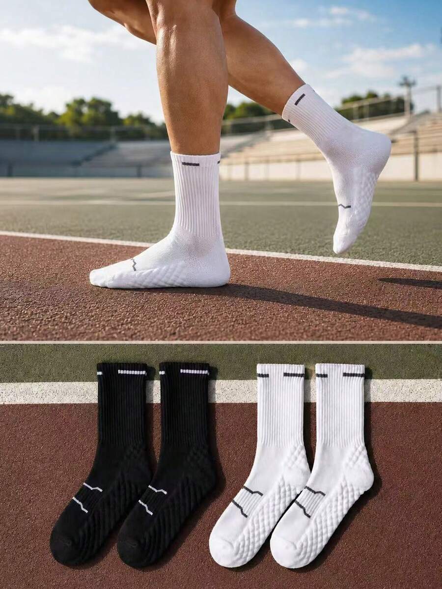 Professional Mid-Calf Sports Socks For Men And Women, Thick Terry Sole, Shock-Absorbing, Anti-Slip, Breathable Long Socks For Running, Fitness, Basketball - Multicolor - View 1