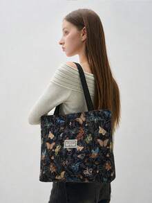Large Capacity Zipper Shoulder Tote Bag, Colorful Butterfly Print, Suitable For Office, School, Commute Or Casual Daily Use - Multicolor - View 4