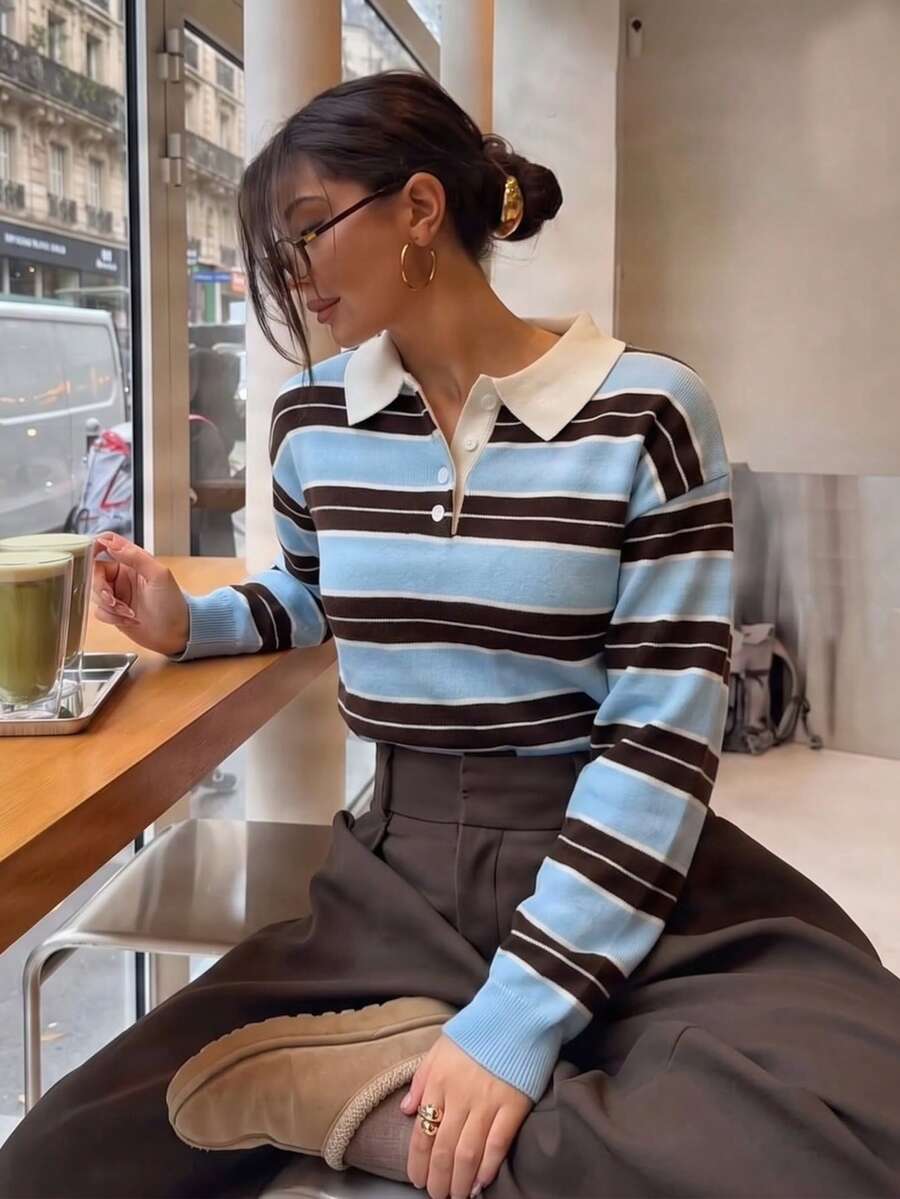 FOR BEAUTY 秋冬女款 Y2K 淺藍棕色條紋長袖鈕扣翻領寬鬆針織套頭上衣 返校穿搭 - 藍色拼棕色 - 查看 1