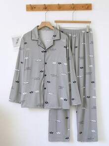 2 Pieces Men's Long Sleeve Pajama Set, Cardigan Style, Loose Fit, Spring/Autumn Wearable Loungewear Set - Grey - View 1