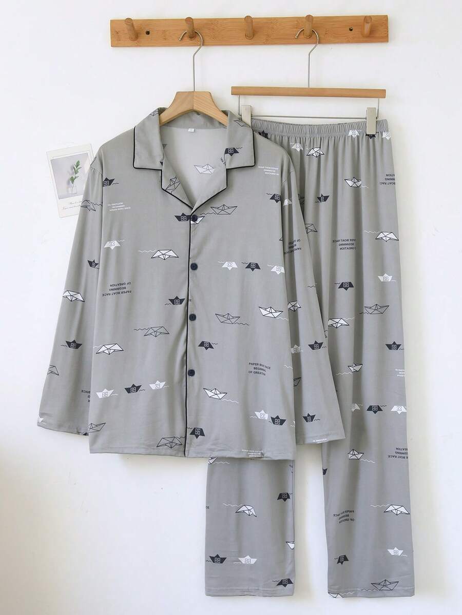 2 Pieces Men's Long Sleeve Pajama Set, Cardigan Style, Loose Fit, Spring/Autumn Wearable Loungewear Set - Grey - View 1