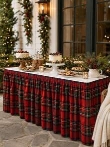 1pc Red Plaid Table Skirt, Festive Polyester Round Elastic Table Cover Skirt With Classic Tartan Print, Gathered Pleated Edge For Dessert Table, Buffet Table, Cake Display, Party Supplies, Christmas Holiday Home Decor - Multicolor - View 8