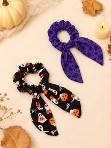 2pcs Halloween Pumpkin Ghost Spider Web Print Bow Hair Ties, Girls Elastic Hairbands, Party & Daily Hair Accessories - Multicolor - View 3