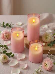 3pcs Flameless Candle Lights Set With Timer Remote Control, Battery Operated Pink Cup Candles, Suitable For Christmas, Halloween, Valentine's Day, Gifts, Presents, Birthday, Wedding, Dining Table, Party - Pink - Warm Light - View 4
