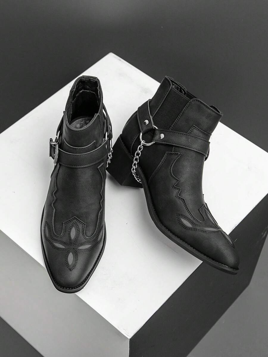 Men's Western Cowboy Motorcycle Ankle Boots - Black - View 1