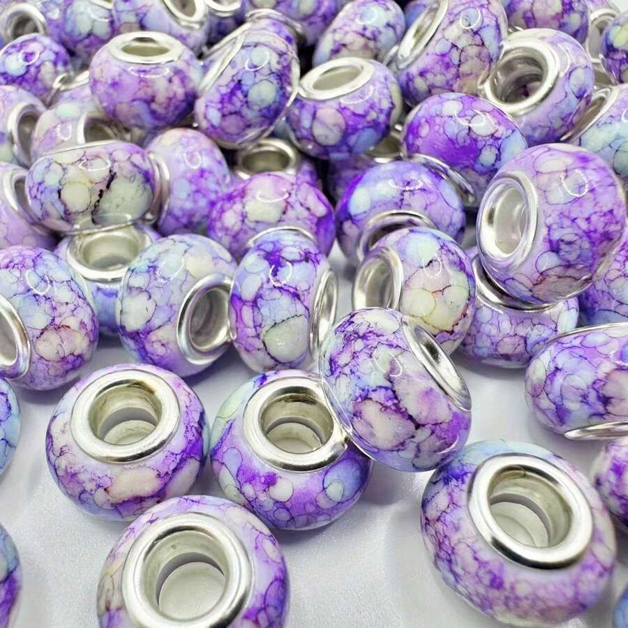 47Pcs Purple Watercolor Pattern Large Hole European Charm Beads Craft Set, Round Resin Spacer Beads For DIY Bracelet, Necklace, Pen, Macrame Cord & Handmade Jewelry Craft Supplies