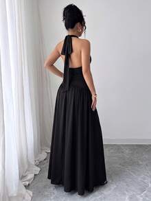 Elegant Women's Black Halter Neck Knit A-Line Maxi Dress, Suitable For Formal Occasions, Sleeveless Slightly Elastic Fabric, Comfortable All Day - Black - View 2