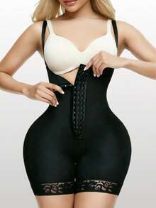 Levantador de glúteos y fajas para mujer, top ajustado de compresión post parto con cremallera en la entrepierna, leggings de compresión con encaje, control de abdomen - Negro - Ver 3