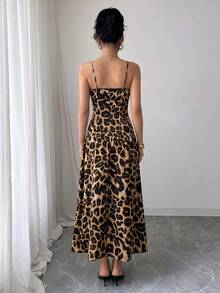 Women's Summer Sexy Lace Leopard Print Waist-Cinched Flare Spaghetti Strap Dress - Khaki - View 2