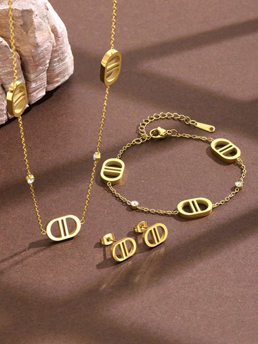 مجموعة سوار وعقد وأقراط مرصعة بالراينستون للنساء، مجوهرات من الفولاذ المقاوم للصدأ بتصميم Double D للارتداء اليومي - الذهبي - مشاهدة 1