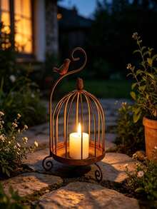 Vintage Distressed Metal Birdcage Candle Holder, European Style Hollow Iron Candle Tray With Bird Ornament, Decorative Table Centerpiece For Dining Table Entryway, Ideal Candlelight Dinner Home Decor Ornament - Regular Model - View 5