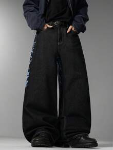 Men's American Street Jeans, Embossed Printed Fake Back Pockets, Niche Design, Versatile All-Season Long Pants (No Belt & Accessories Included) - Black - View 6