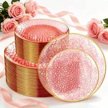 20pcs Pink Gold Rim Dinner Plates, Exquisite Hard Party Plates, Suitable For Various Parties, Banquets, Birthday Celebrations, Wedding Banquets, Anniversary, Business Receptions, Etc., 7.5 Inch Plates And 10.25 Inch Plates - Pink - View 4