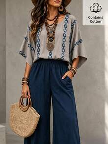 Women's 2-Piece SetDaily Casual Minimalist T-Shirt & Striped Wide-Leg Pants ; Vacation Outfits Women;Summer Clothes For Women;Fall Clothes For Women - 灰色 - 查看 2