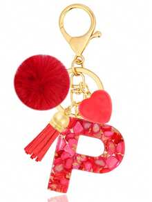 Cute Initial Red Heart Gold Foil Stone Tassel Pom Pom Keychain Resin Drip Glue Minimalist Personalized Key Chain For Women Bags Daily Wear And Gift - Red - View 13