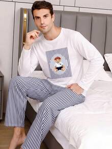 Ensemble de vêtements d'intérieur pour hommes avec T-shirt à col ras-du-cou décontracté à manches longues et pantalon long décontracté pour l'été - Blanc - Voir 3