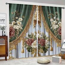 2pcs Dark Green & Gold Floral Print Curtains, 2D Flat Print European Luxury Damask Lace Pattern Curtains, Home Decor - Multicolor - View 2