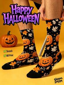 Calcetines para hombre con estampado 360°, estilo callejero, patrones de linterna de calabaza de Halloween, gato negro, murciélago, calcetines coloridos y divertidos, adecuados para uso diario, festividades y ocasiones de fiesta - Negro - Ver 2