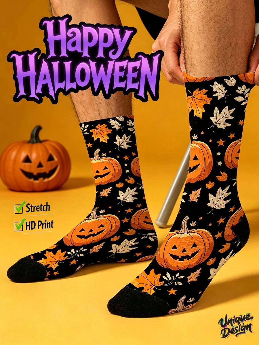 Calcetines para hombre con estampado 360°, estilo callejero, patrones de linterna de calabaza de Halloween, gato negro, murciélago, calcetines coloridos y divertidos, adecuados para uso diario, festividades y ocasiones de fiesta