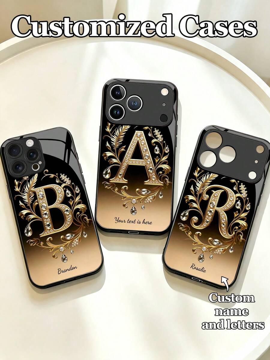 1个可定制金色字母装饰水钻纹理钢化玻璃手机壳，兼容 17 Pro Max/17 Air/15/16 Pro/14 Plus/13 Pro/12 Pro Max/11/Xs Max/8/7/6 Plus、S24 Ultra/S25 Ultra，兼容Redmi Note 13/14、Redmi K40、小米11，时尚商务定制礼品，送给家人、同事、朋友 - 黑色 - 查看 1