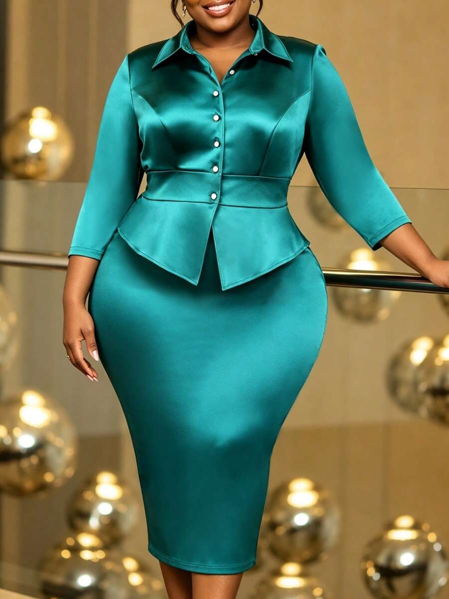 Curvy Women Elegant Satin Two Pieces Set Button Front Peplum Top And Midi Pencil Skirt Slim Fit Business Party Office Work Wear Fall Outfit - Green - View 1