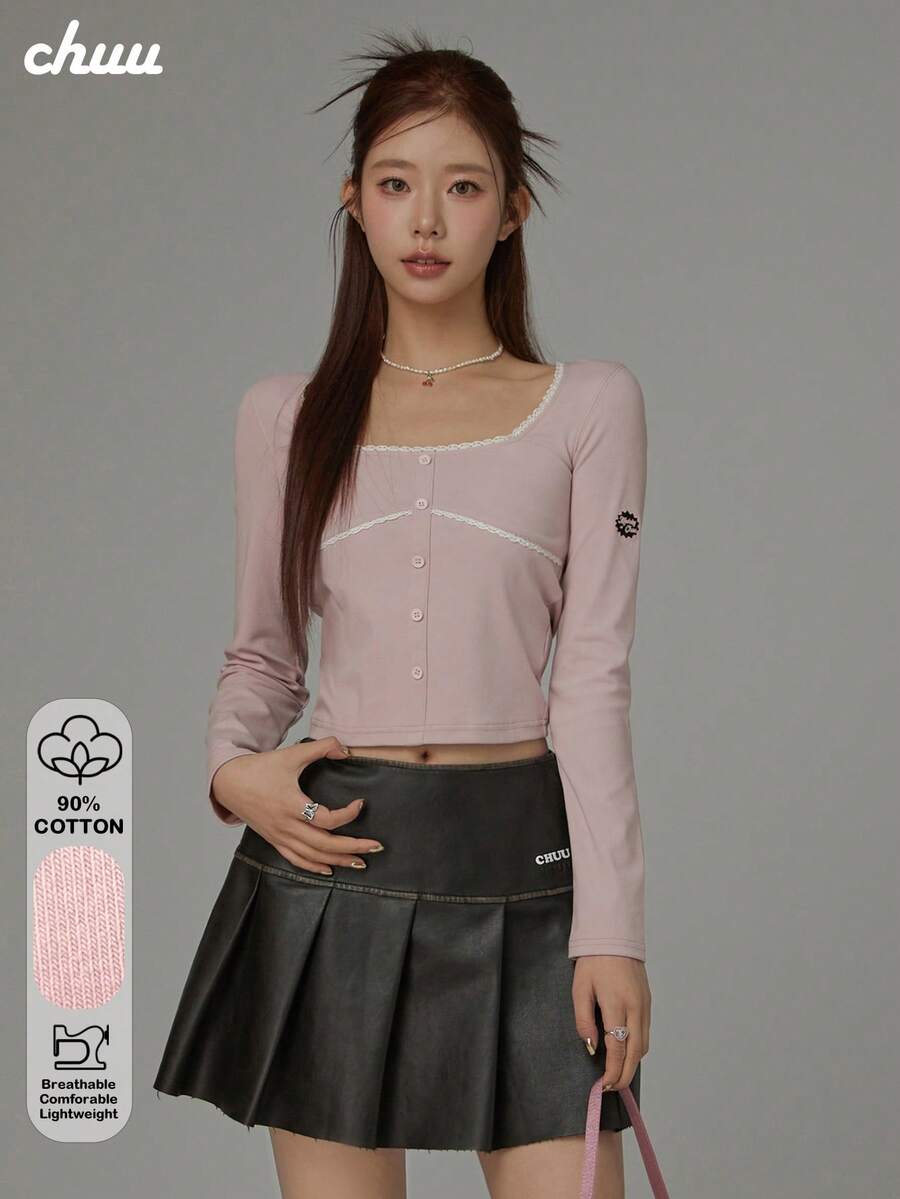 CHUU 女款字母刺繡長袖T恤 秋季蕾絲飾邊拼接修身內搭上衣 - 粉色 - 查看 1