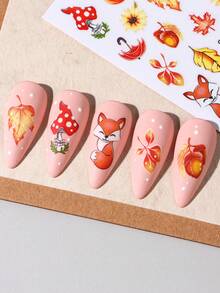 FULL BEAUTY 2/4pcs Autumn Red Maple Leaf & Fox Nail Stickers, Includes Floral, Pumpkin, Red Fox, Autumn Leaves, Colorful Lights Nail Decals, Autumn Nail Art Decoration DIY Thanksgiving Nail Supplies - Multicolor - View 10