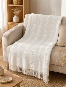1pc Wavy Pattern Acrylic Knit Blanket, Nordic Style Rectangular Tassel Solid Color Sofa Throw Bed Decorative Blanket Nap Blanket - Vertical Stripes Three Bend Beige - View 4