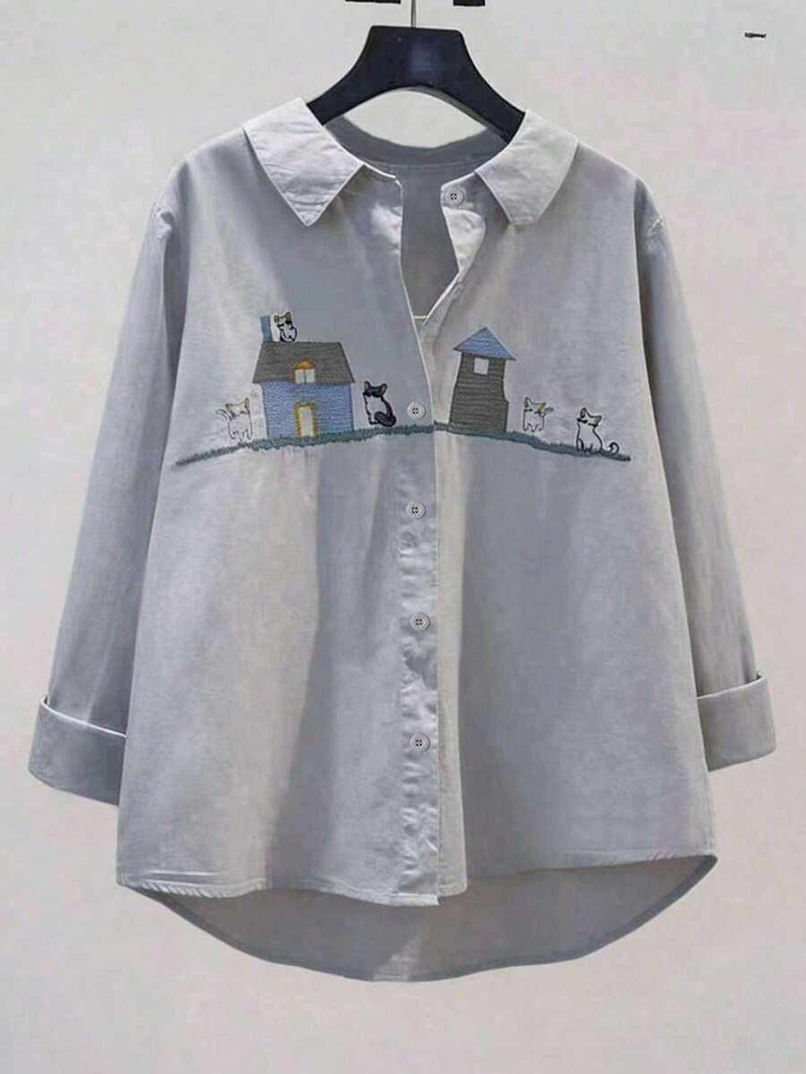 Women's Casual Cartoon Dog Print Long Sleeve Shirt Spring - Light Grey - View 1