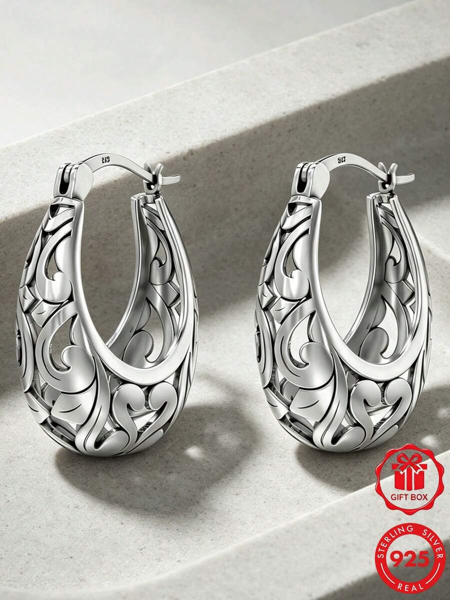 1pc S925 Sterling Silver European Hollow Floral Pattern Earrings, Perfect For Daily Wear And Anniversary Gift, Comes With Gift Box